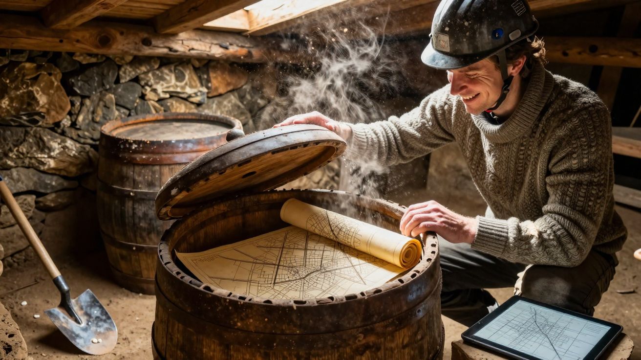 Homem com capacete abre barril antigo com mapas dentro em ambiente rústico e iluminado pela luz natural.