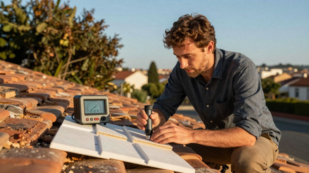 Homem medindo radiação solar com equipamento em telhado durante o dia ensolarado.