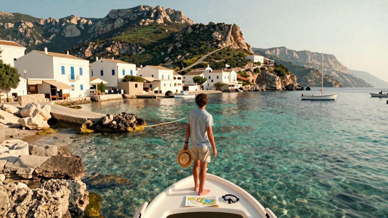 Pessoa de pé no barco em águas cristalinas próximas a vilarejo com casas brancas e montanhas ao fundo.
