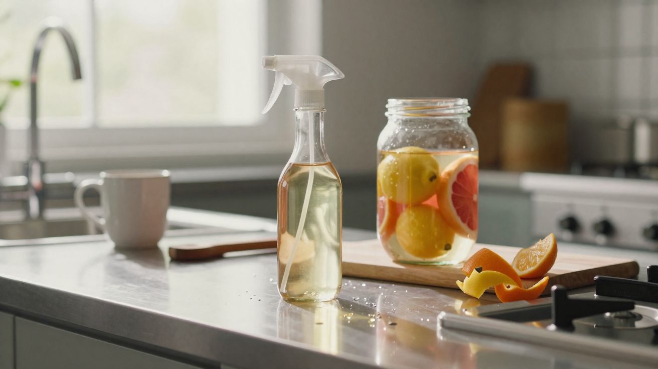 Frasco borrifador com líquido ao lado de jarra com frutas cítricas em bancada de cozinha.