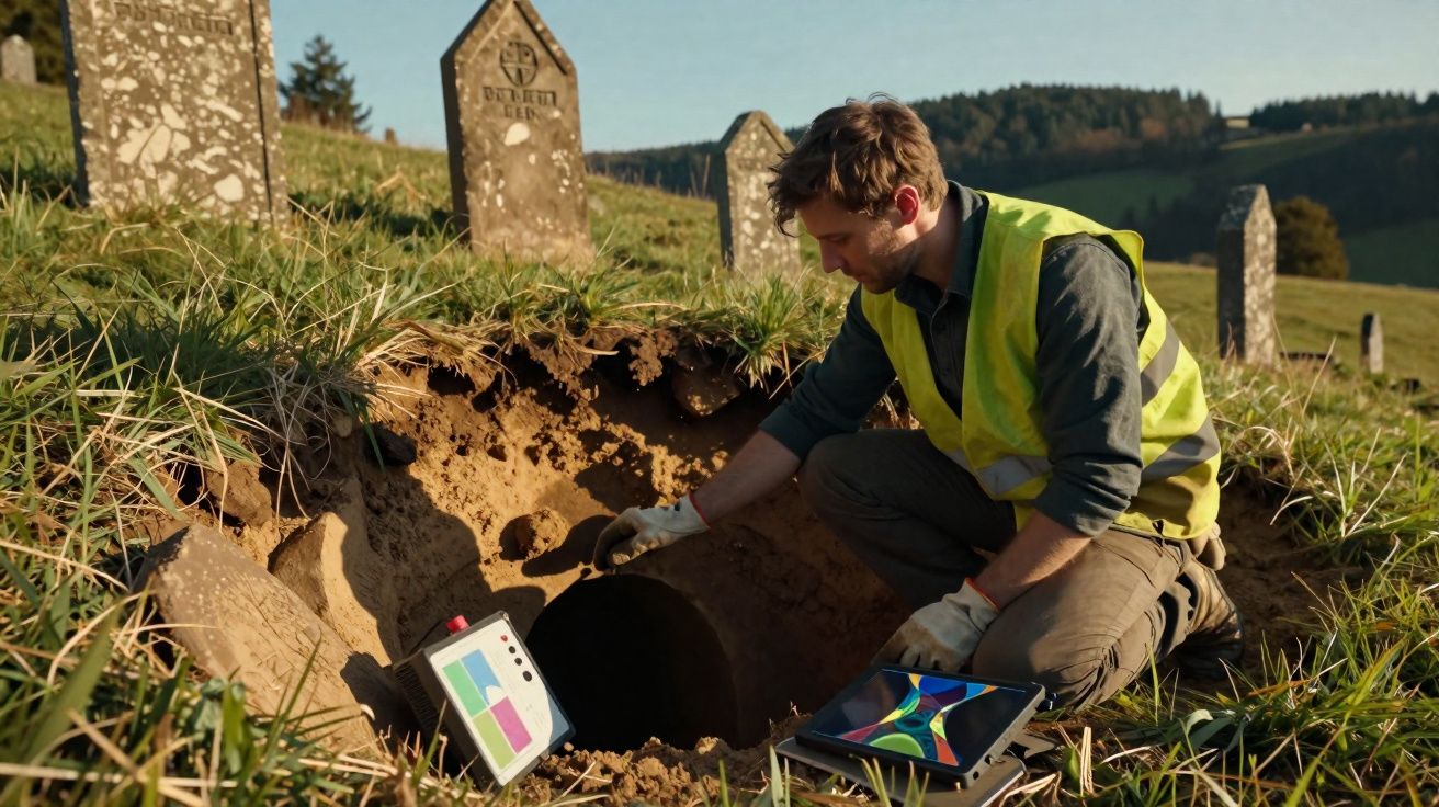 Homem com colete de segurança realiza escavação arqueológica perto de túmulos em campo gramado.