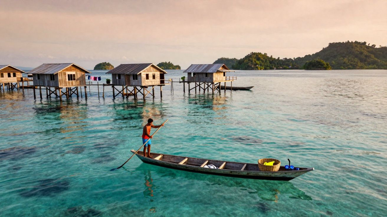Homem remando canoa em águas claras próximas a casas de palafitas e ilhas ao fundo ao entardecer.