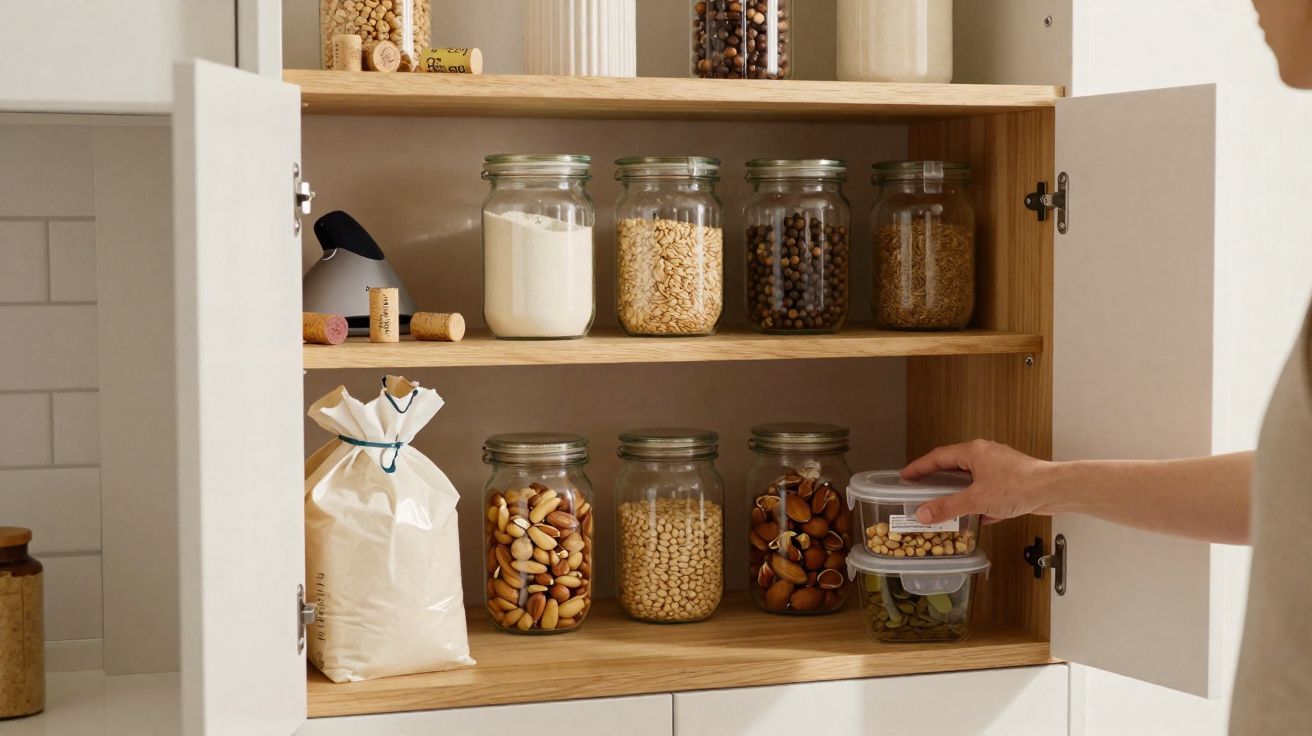 Armário de cozinha com potes de vidro e sacos com grãos e cereais, mão guardando potes plásticos.