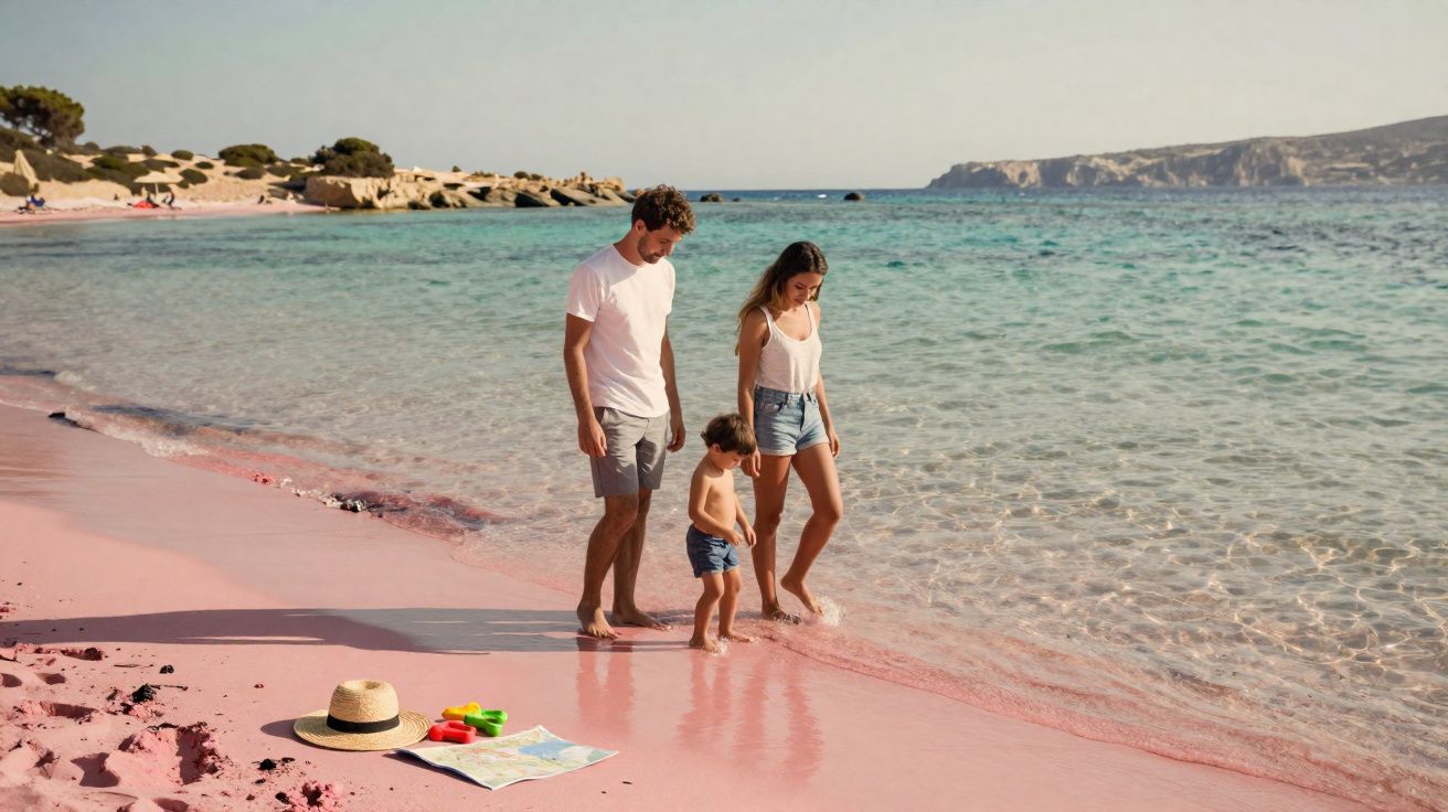 Família com pai, mãe e filho pequeno caminhando na areia rosa da praia à beira do mar calmo.