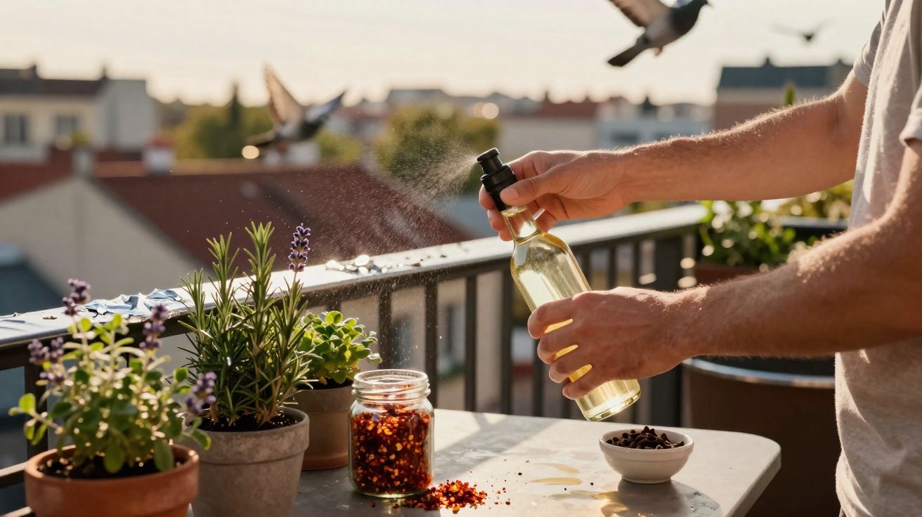 Pessoa borrifando óleo em plantas em varanda ensolarada com pombos voando ao fundo.