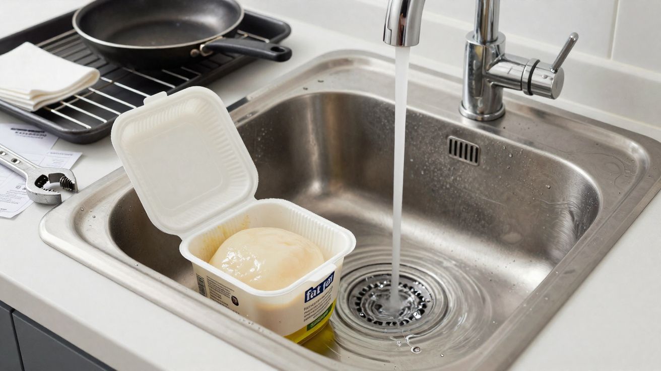 Pia de cozinha em inox com torneira aberta e pote de ricota dentro da pia.