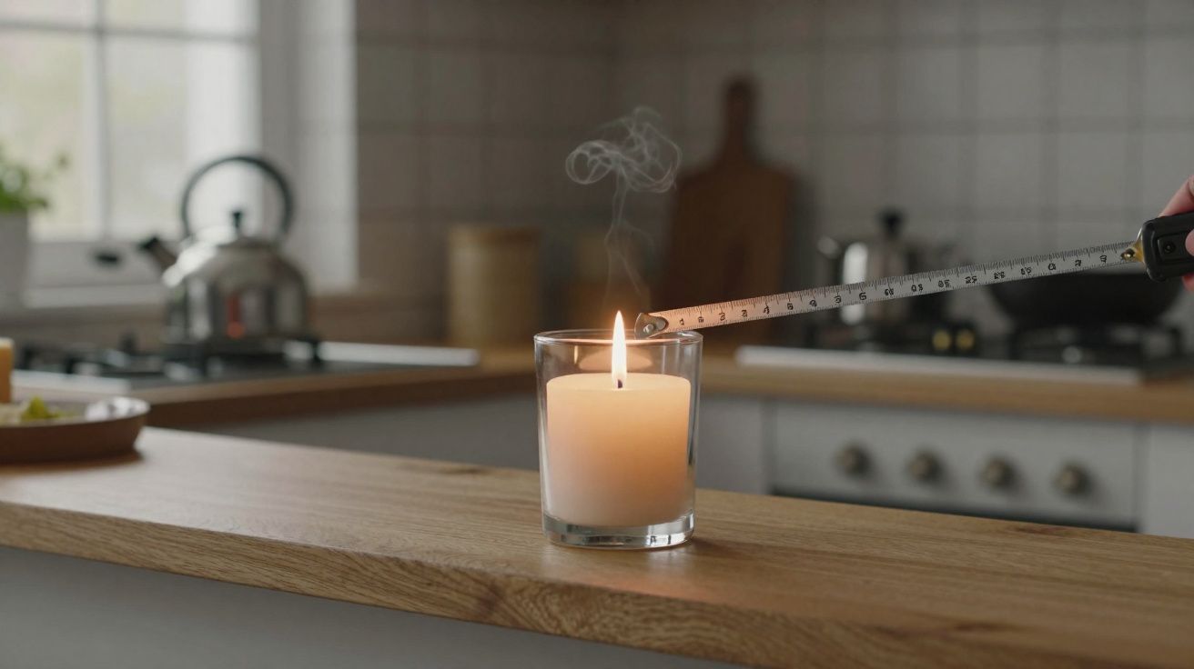 Vela acesa em um copo sobre bancada de madeira em cozinha, com uma mão segurando uma fita métrica em direção à chama.