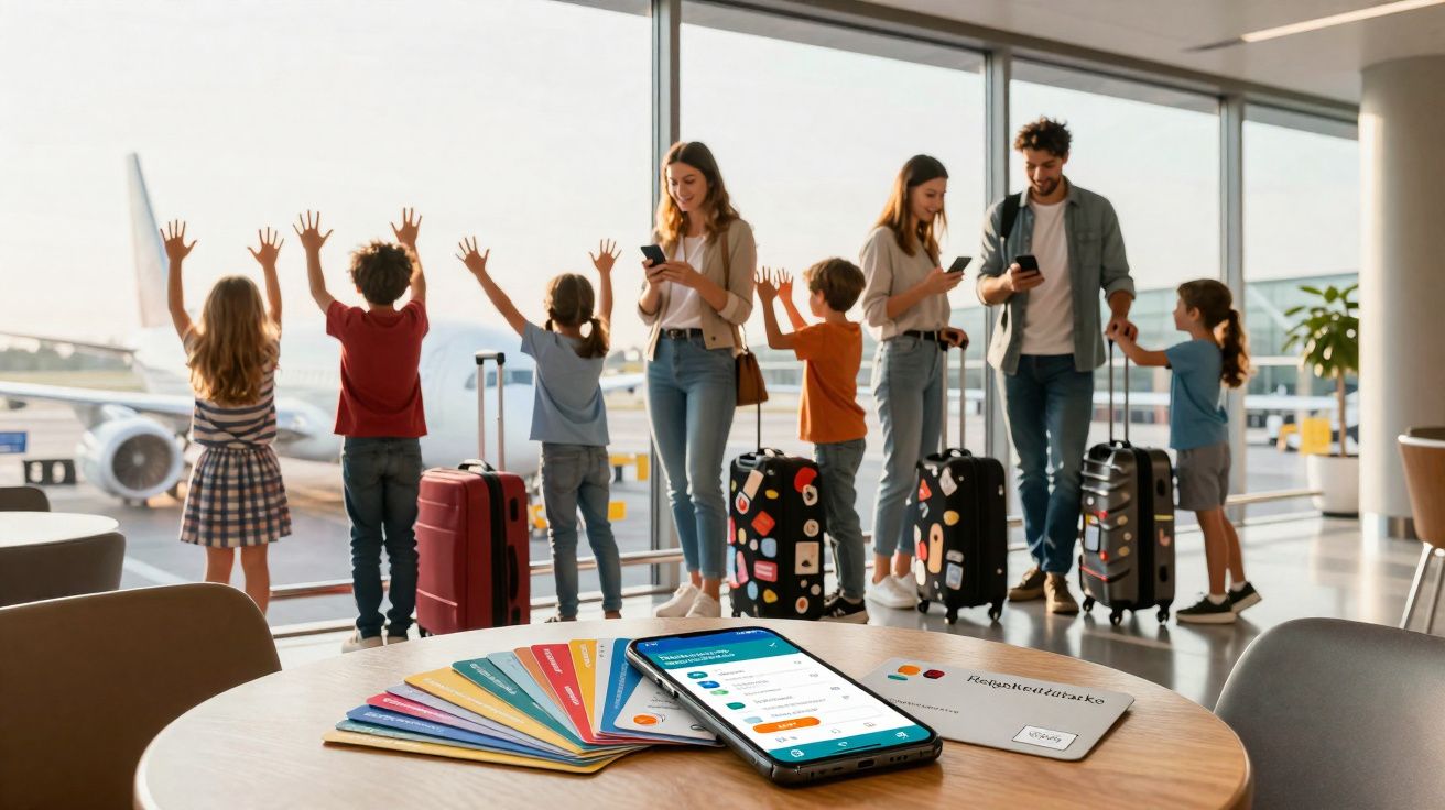 Adultos e crianças com malas no aeroporto, janela com avião e mesa com celular e cartões coloridos.