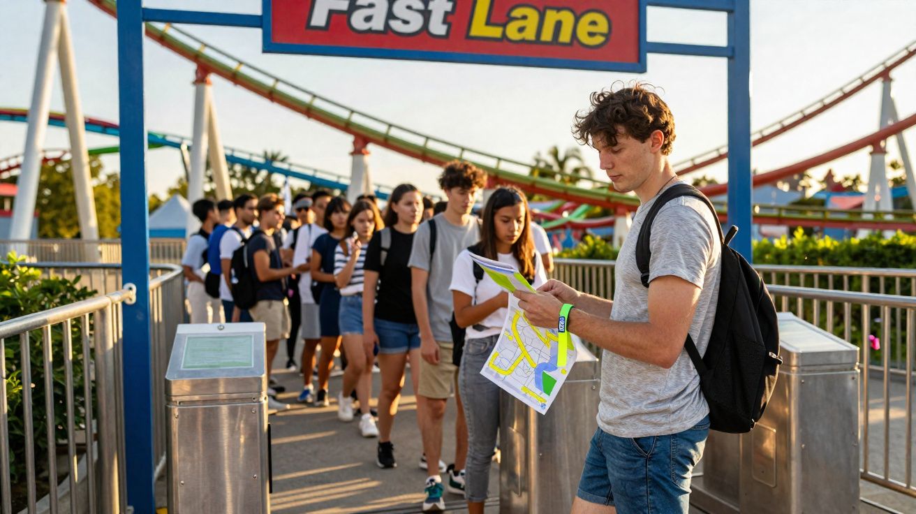 Grupo de jovens em fila na entrada Fast Lane de parque de diversões com um deles olhando um mapa.