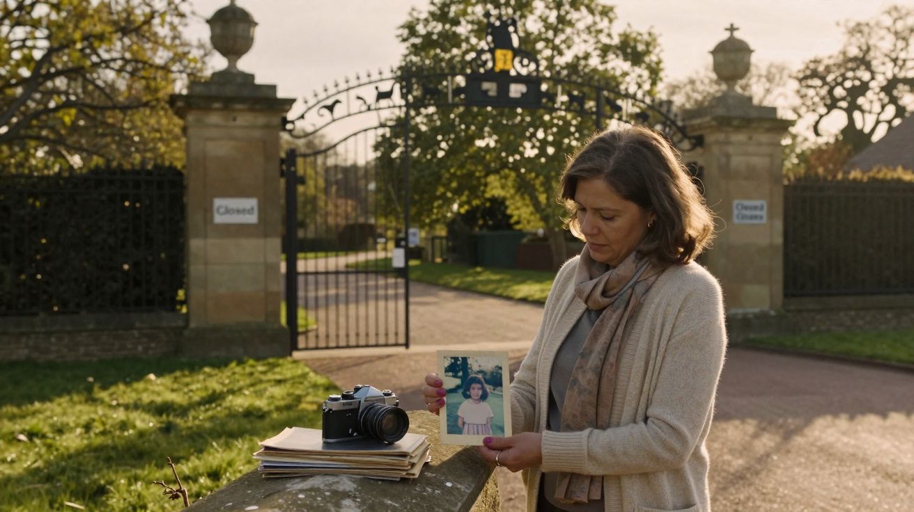 Mulher segurando foto antiga ao lado de câmera e documentos, em frente a portão de ferro aberto.
