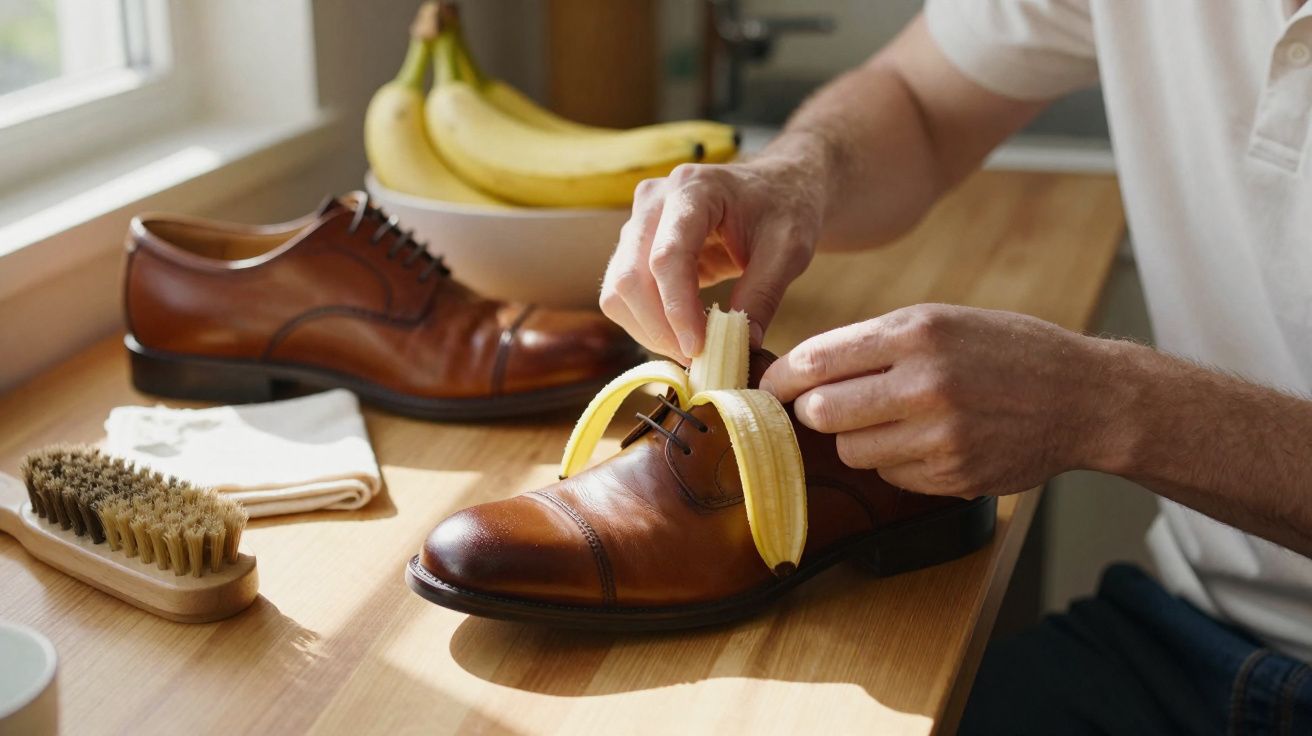Pessoa descascando banana sobre sapato social marrom em mesa de madeira com outros objetos ao redor.