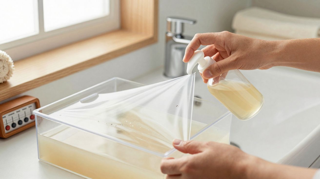 Mãos seguram líquido amarelo e cobrem recipiente transparente em pia com torneira e janela ao fundo.