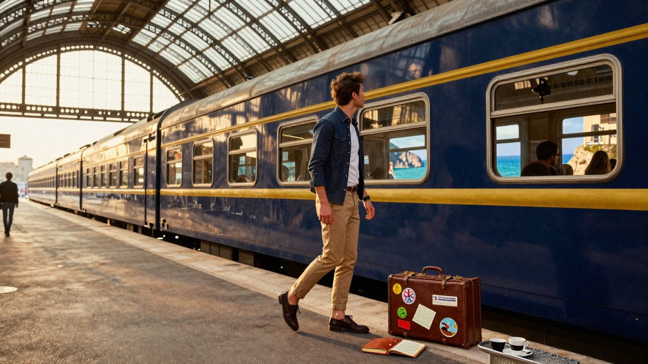 Homem de roupa casual com mala antiga aguarda próximo a trem azul em estação iluminada pelo sol.