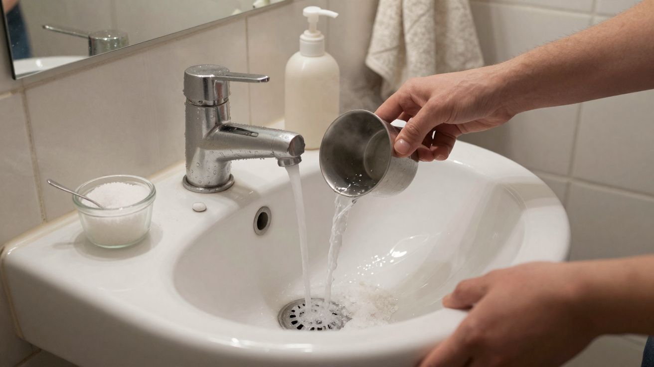 Pessoa despejando água no ralo da pia branca enquanto a torneira está aberta em banheiro simples.