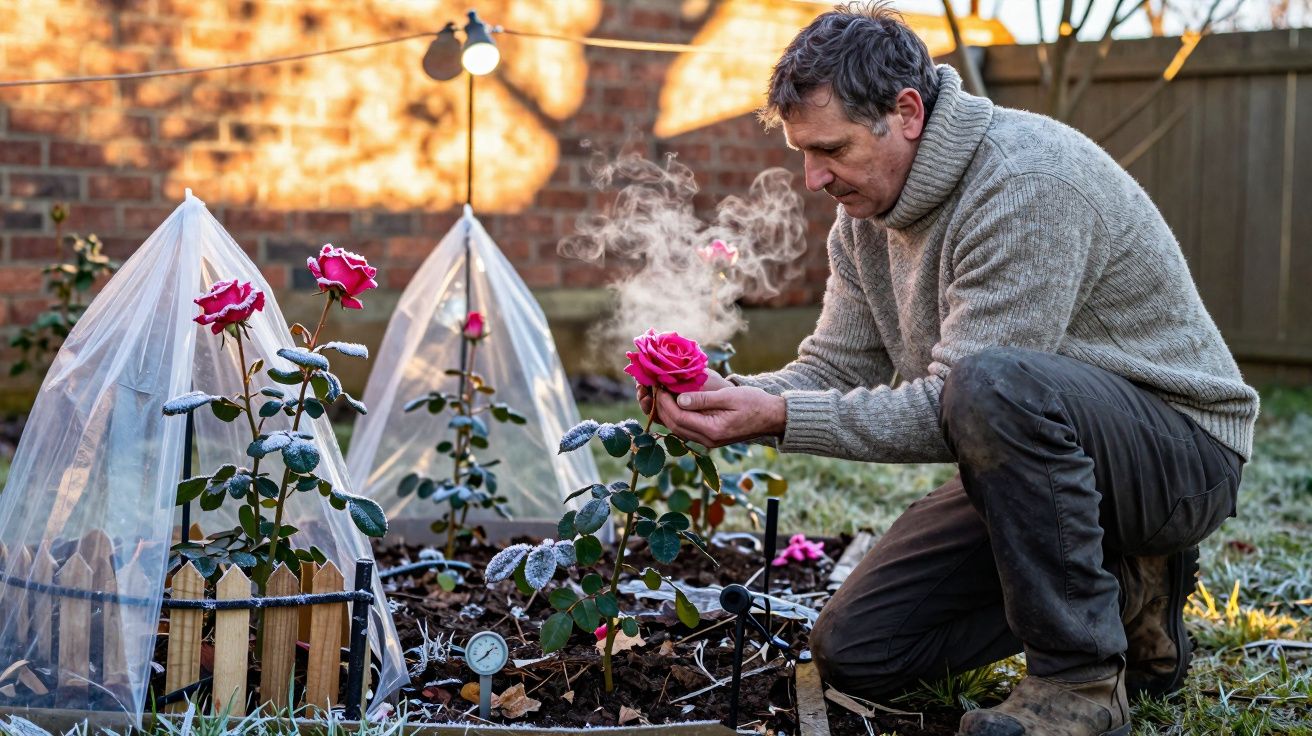 Homem em um jardim segurando rosa rosa com vapor saindo dela em dia frio com folhas com geada.