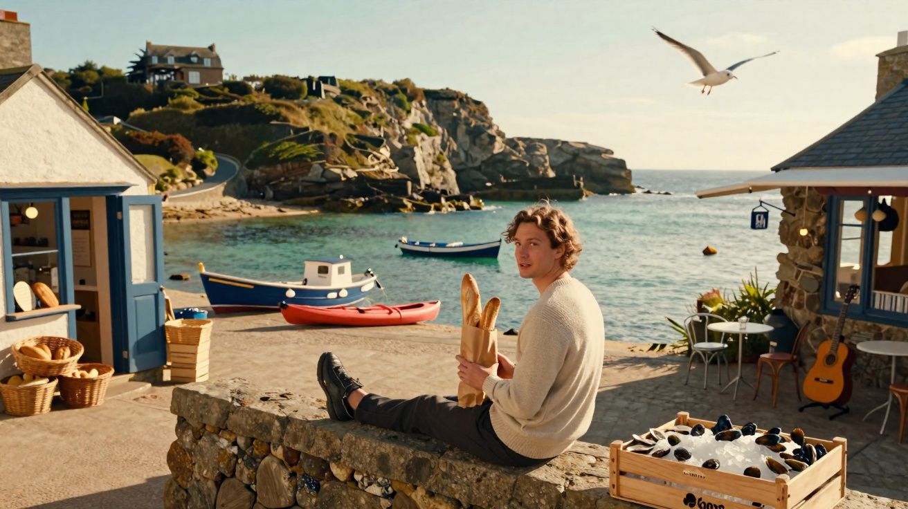 Jovem sentado em muro de pedra segurando pão, com mar, barcos e gaivota ao fundo em dia ensolarado.
