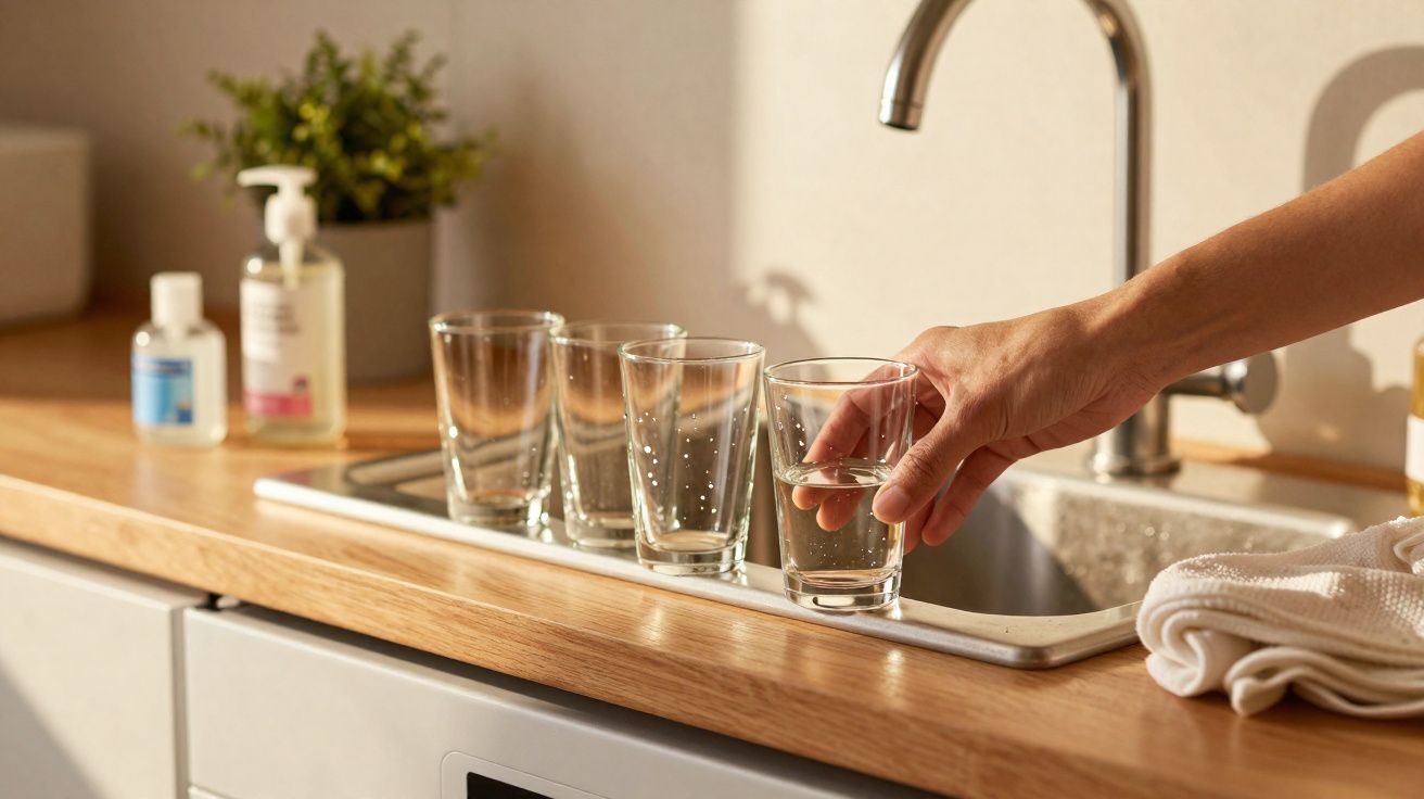Pessoa segurando copo com água em pia de cozinha com bancada de madeira e utensílios ao fundo.