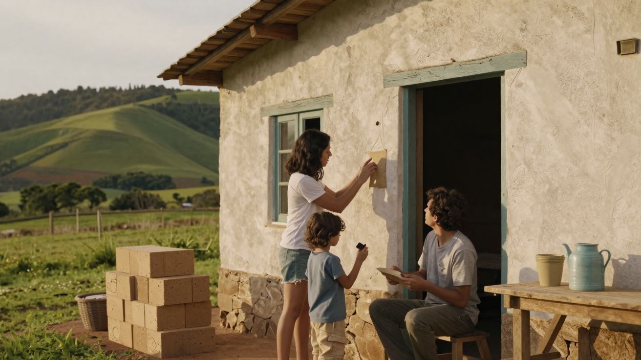Família em casa rústica na zona rural, com pais e filho pendurando placa na parede externa.