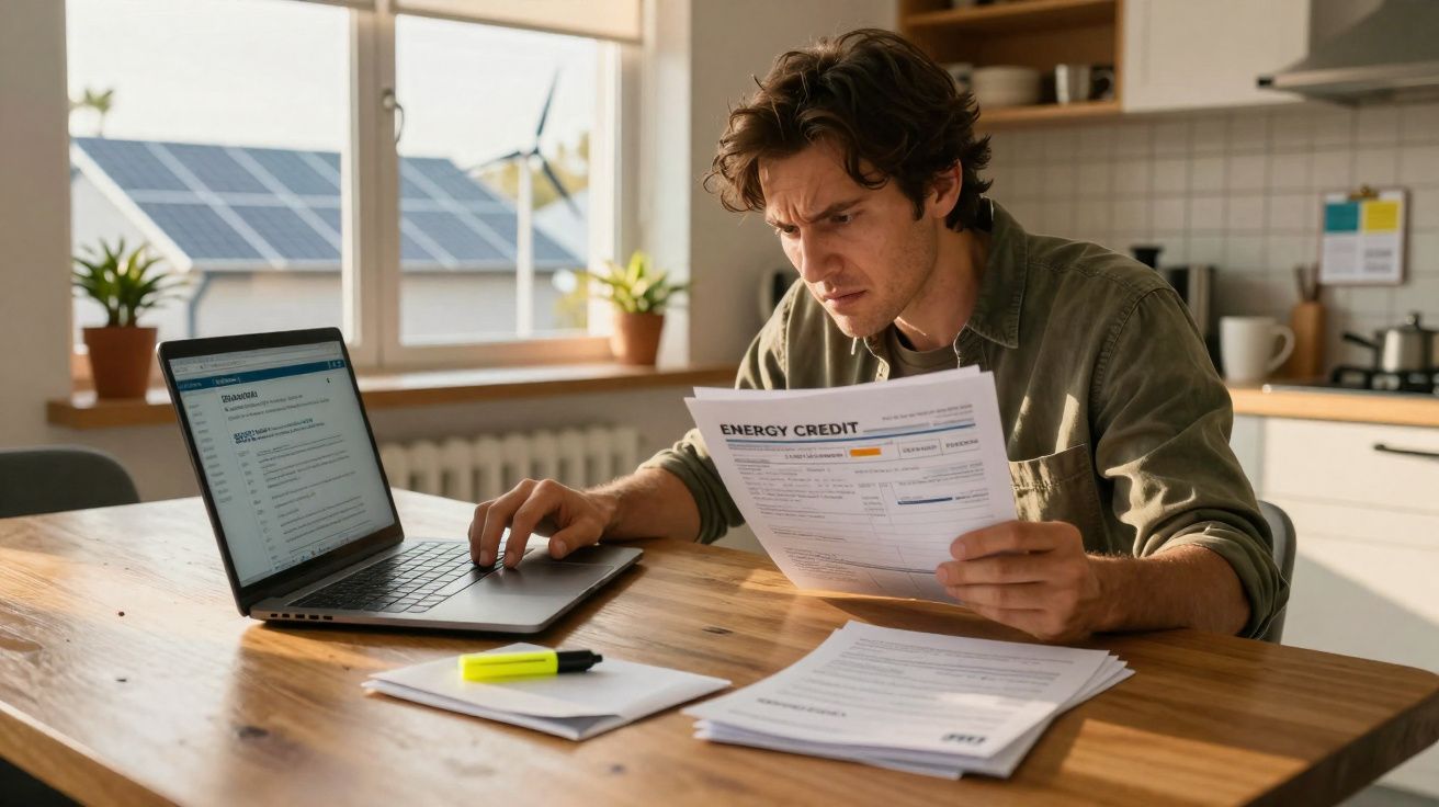 Homem preocupado analisando fatura de energia enquanto usa laptop em cozinha iluminada.