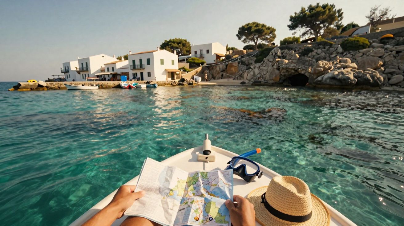 Pessoa segurando mapa em barco sobre águas claras perto de casas brancas e pedras à beira-mar.