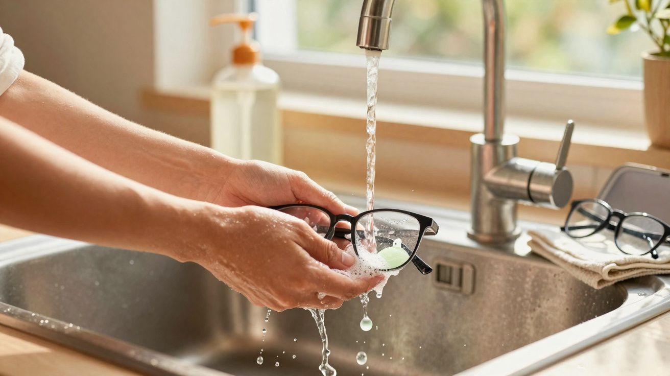 Pessoa lavando óculos com sabão em barra na pia da cozinha com torneira aberta.