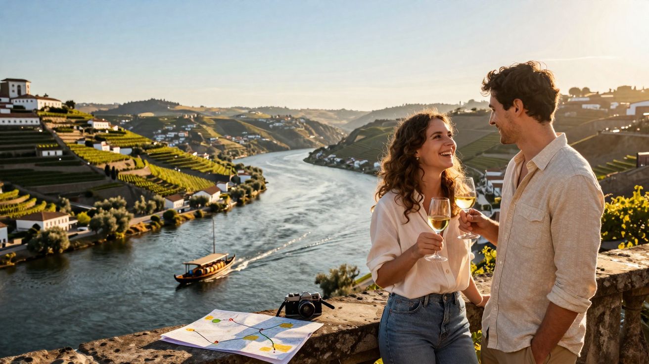 Casal brindando com vinho branco em varanda com vista para rio e vinhedos ao entardecer.