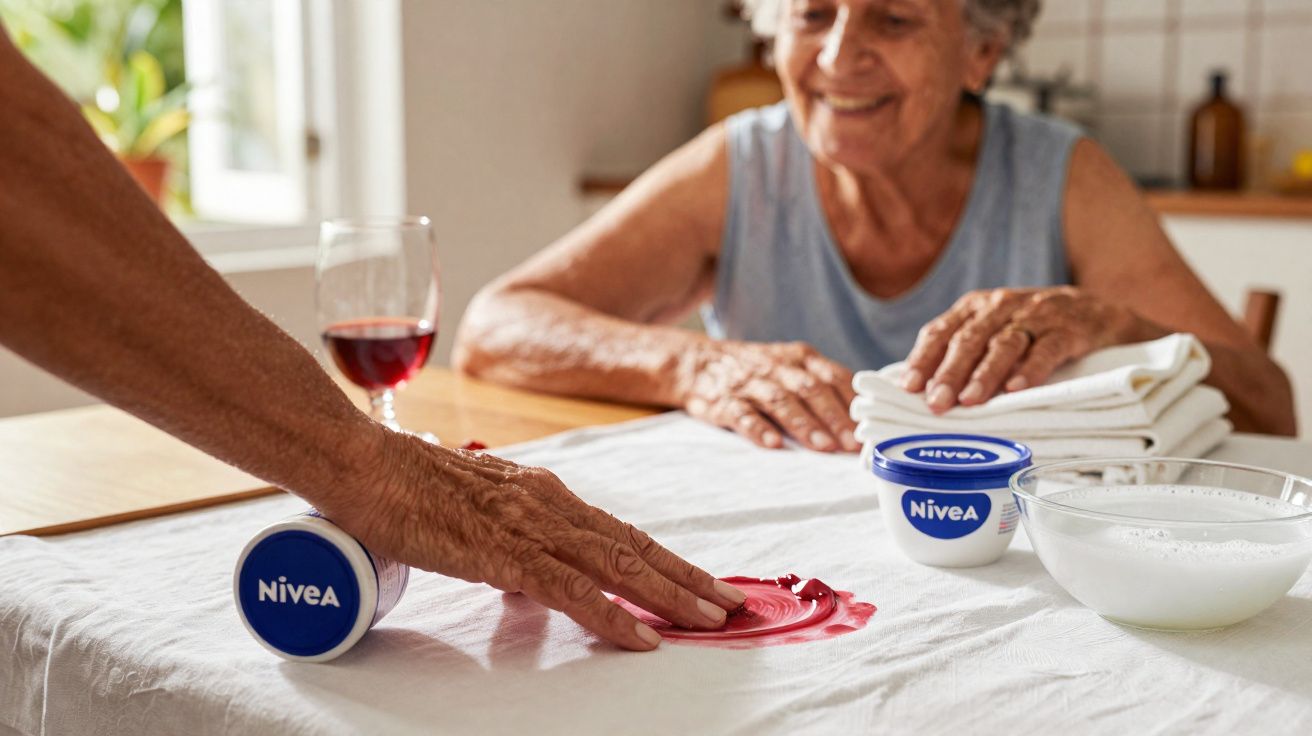 Idosa sorridente observando outra pessoa carimbando tinta vermelha em tecido branco na mesa da cozinha.