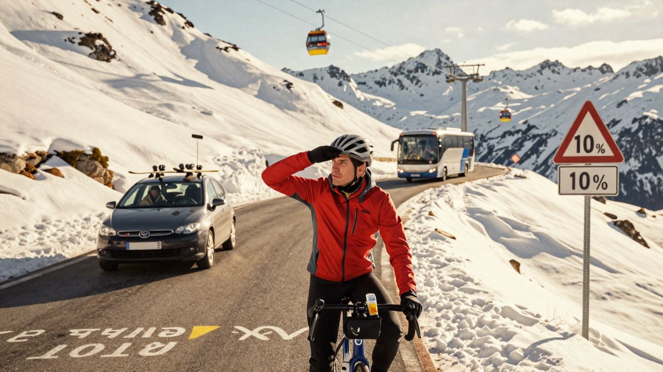 Homem de bicicleta vestido com roupas de inverno em estrada montanhosa nevada com carros, ônibus e teleféricos ao fundo.