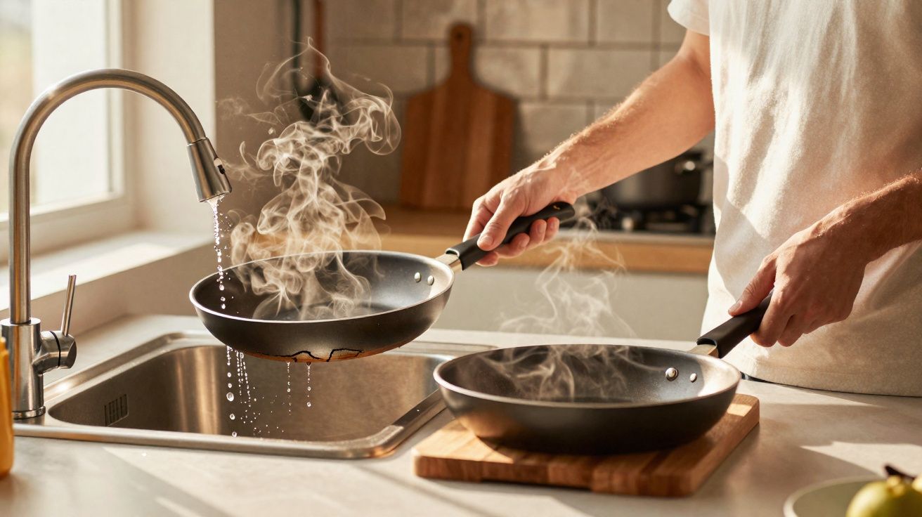 Pessoa despejando água quente de frigideira fumegante em pia de cozinha moderna.
