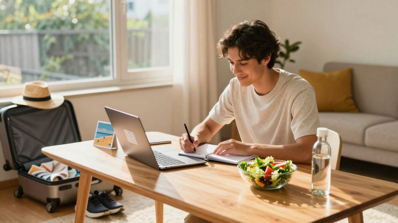 Jovem sentado à mesa escrevendo em caderno, com laptop aberto, uma salada e uma garrafa de água ao lado.