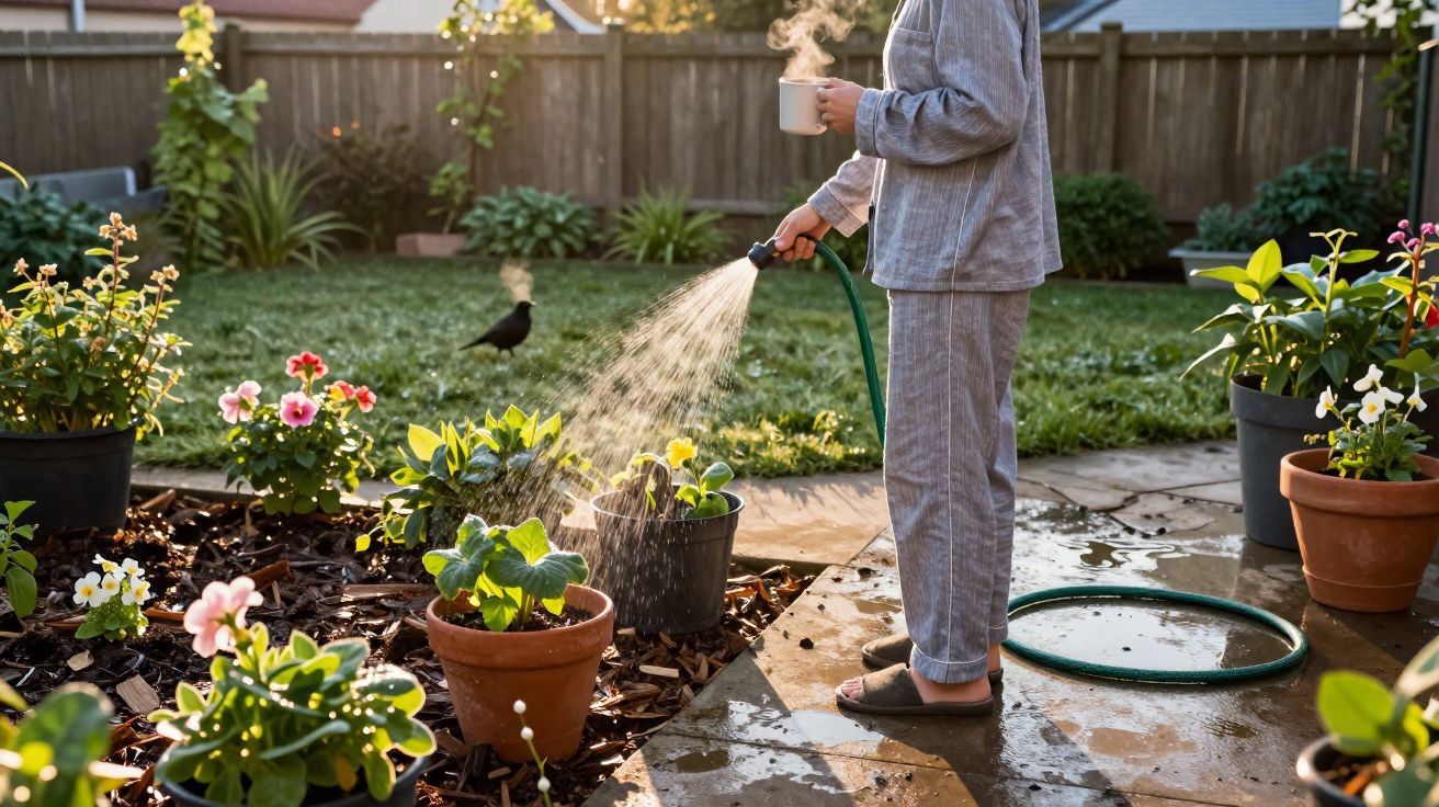 Pessoa regando plantas em vasos no jardim pela manhã, segurando uma xícara com vapor.