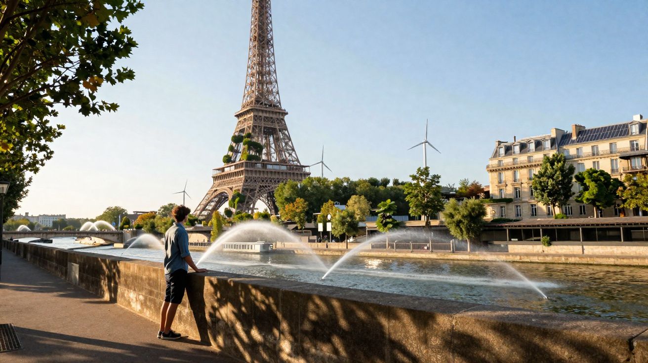 Pessoa olhando para a Torre Eiffel ao lado do rio Sena com fontes de água e prédios ao fundo em um dia claro.