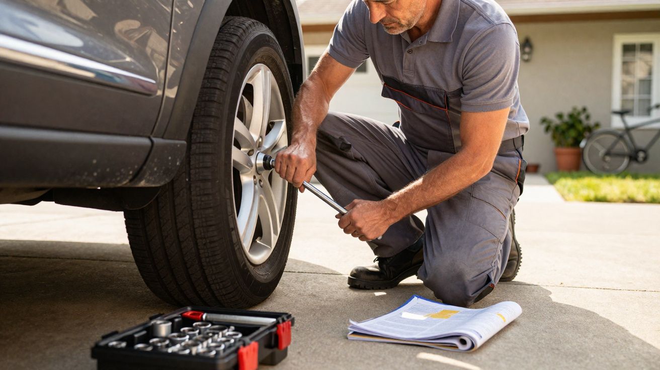 Homem em macacão cinza trocando pneu de carro com ferramentas e manual ao lado, em garagem.