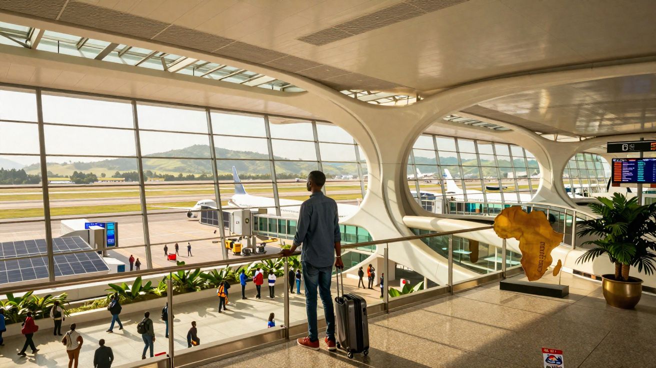 Homem com mala observa pista e avião em aeroporto moderno com arquitetura curva e grandes janelas panorâmicas.