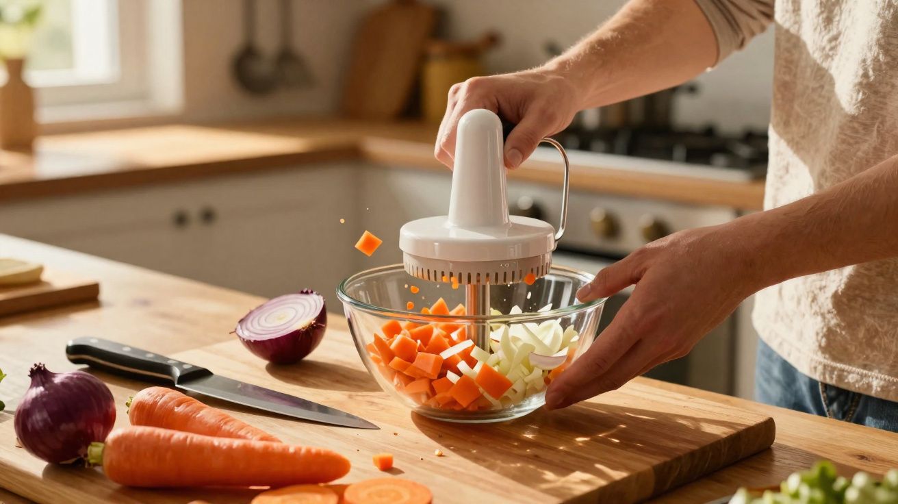 Pessoa usando cortador manual para picar cenoura e cebola em tigela de vidro na cozinha.