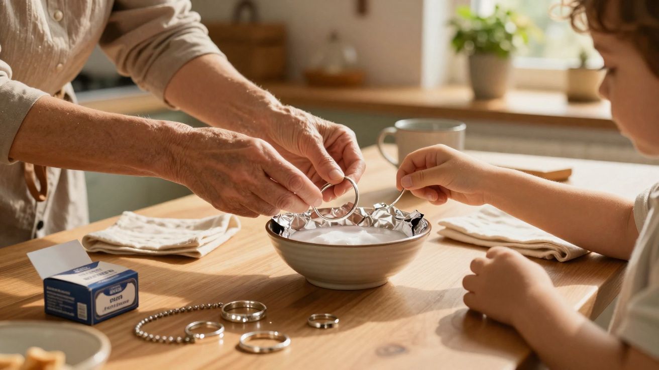 Adulto e criança limpando joias em uma tigela com água em cozinha iluminada.