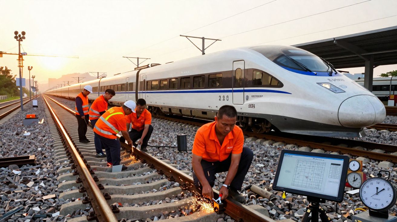 Trabalhadores em coletes laranjas realizam manutenção nos trilhos ao lado de trem de alta velocidade branco.