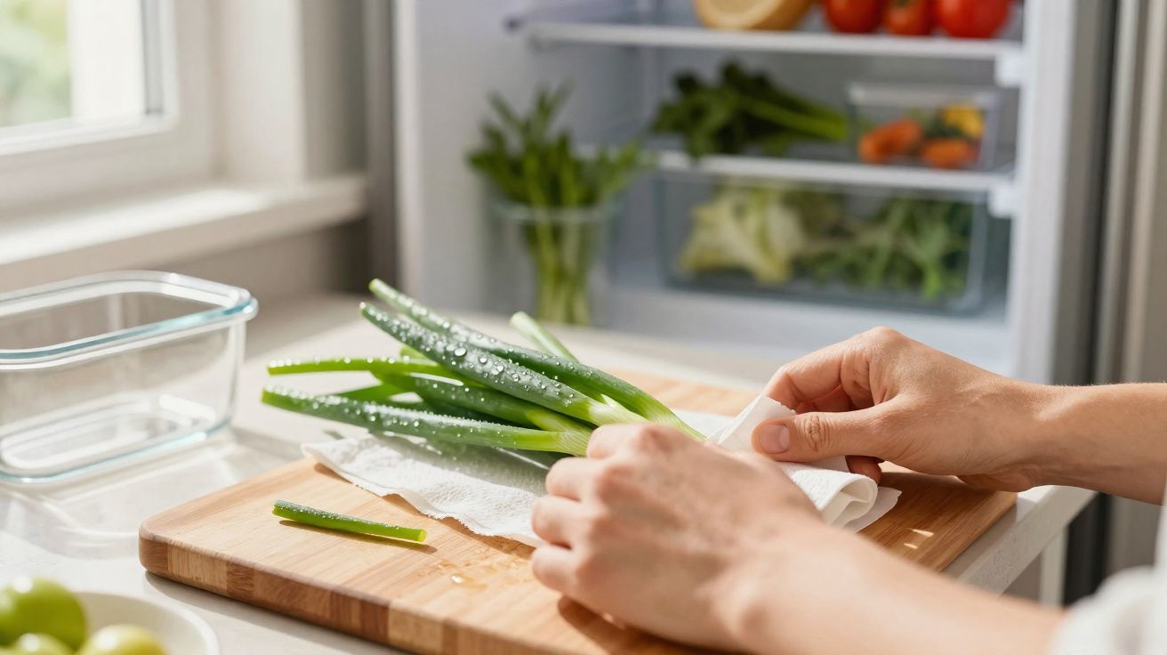 Mãos secando cebolinha com papel toalha sobre tábua de madeira na cozinha iluminada.