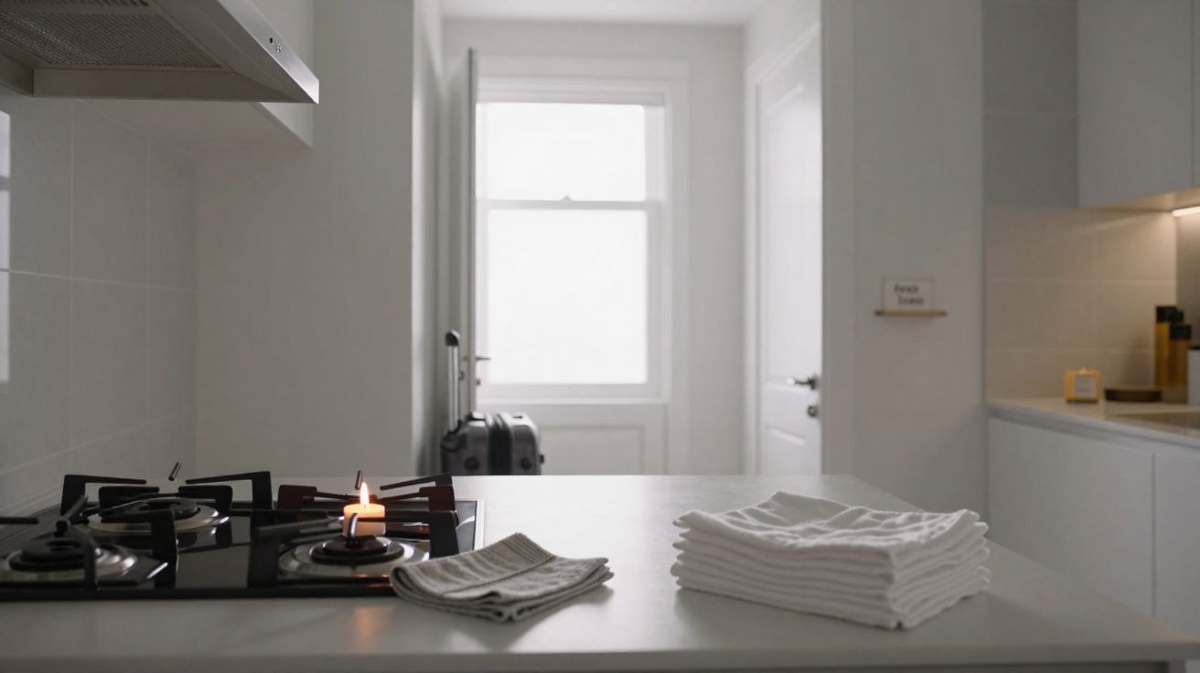 Cozinha branca com fogão modern, vela acesa e toalhas dobradas em bancada central.