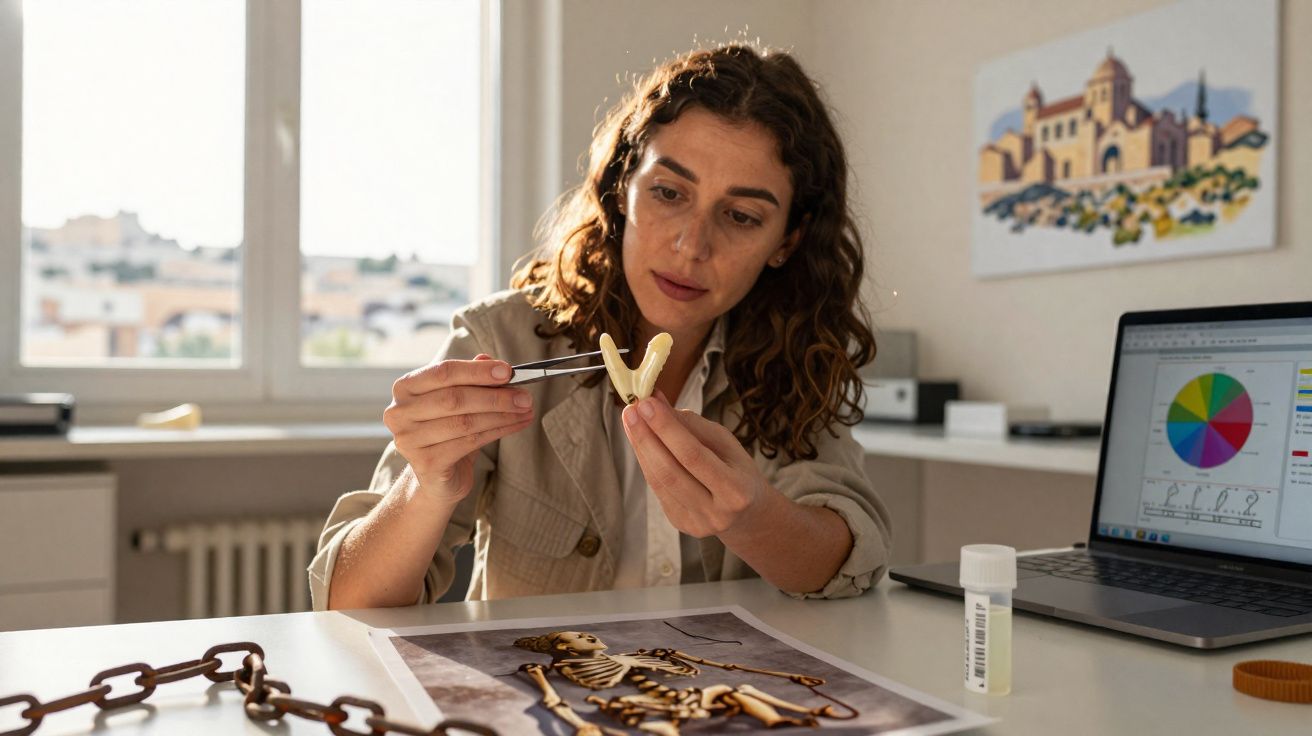 Mulher analisando modelo ósseo enquanto trabalha com pesquisa científica em escritório iluminado.