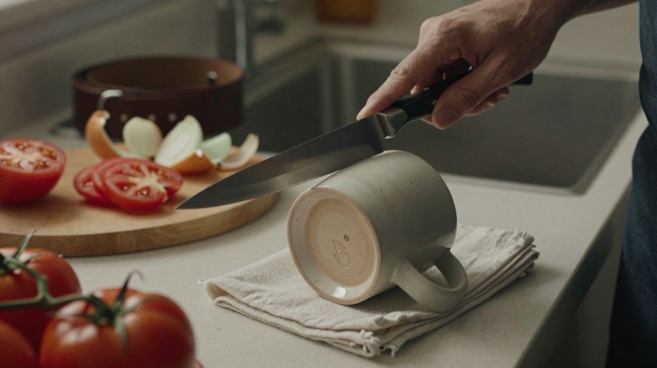 Pessoa segurando faca próxima a xícara branca apoiada em pano sobre bancada de cozinha com tomates e cebolas fatiados.
