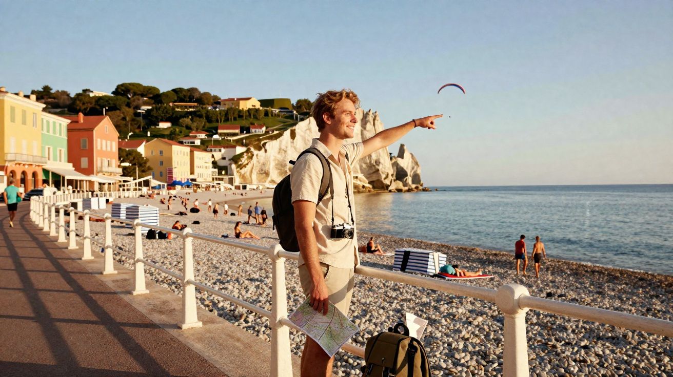 Homem com mochila segura mapa e aponta para parapente na praia com pedras e casas coloridas ao fundo.