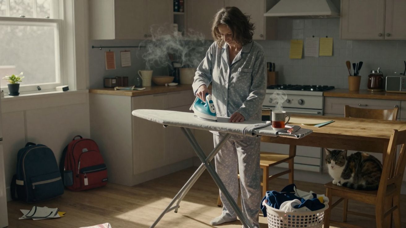 Mulher de pijama passa roupa em cozinha iluminada, com gato na cadeira e cesta de roupas.