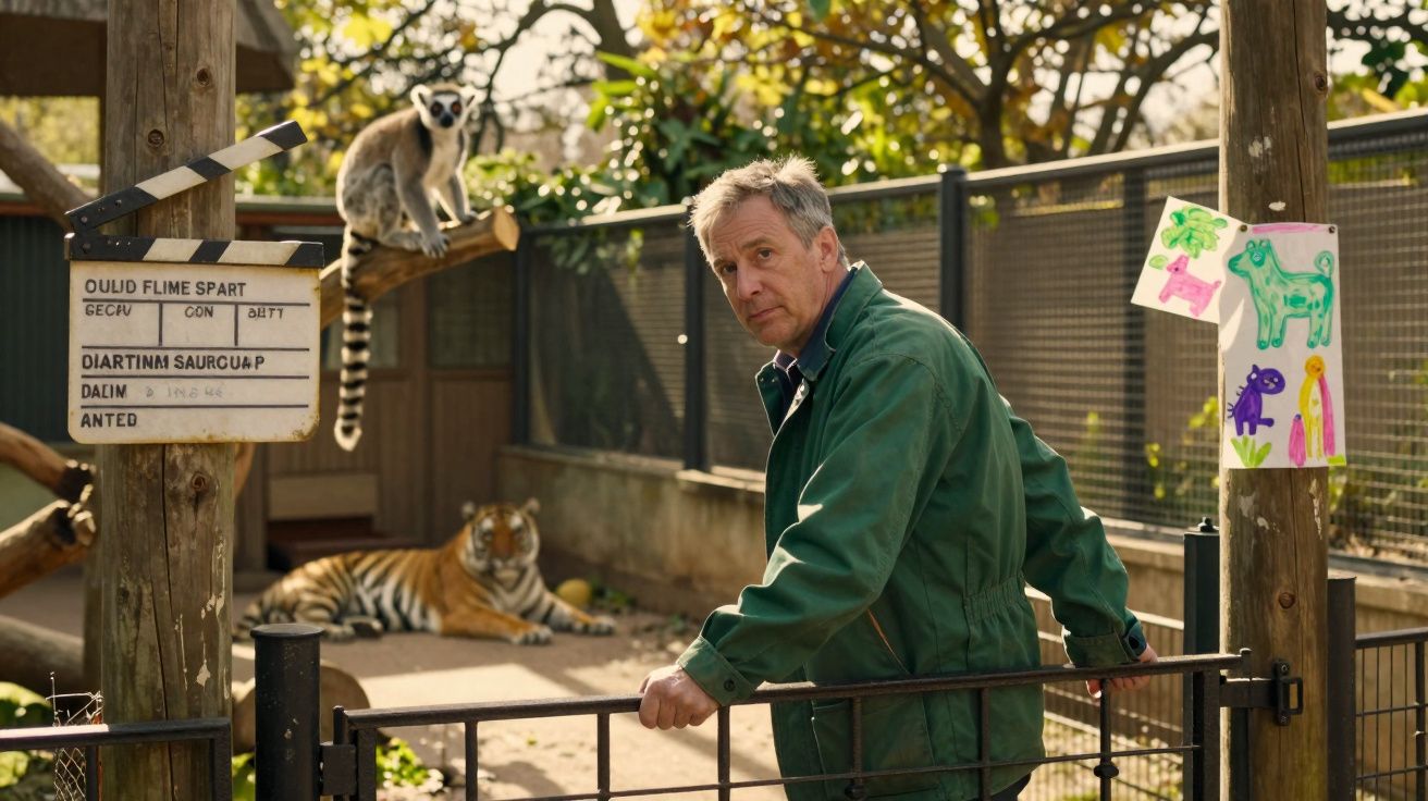 Homem de jaqueta verde em zoológico com lêmure em tronco e tigre deitado ao fundo.
