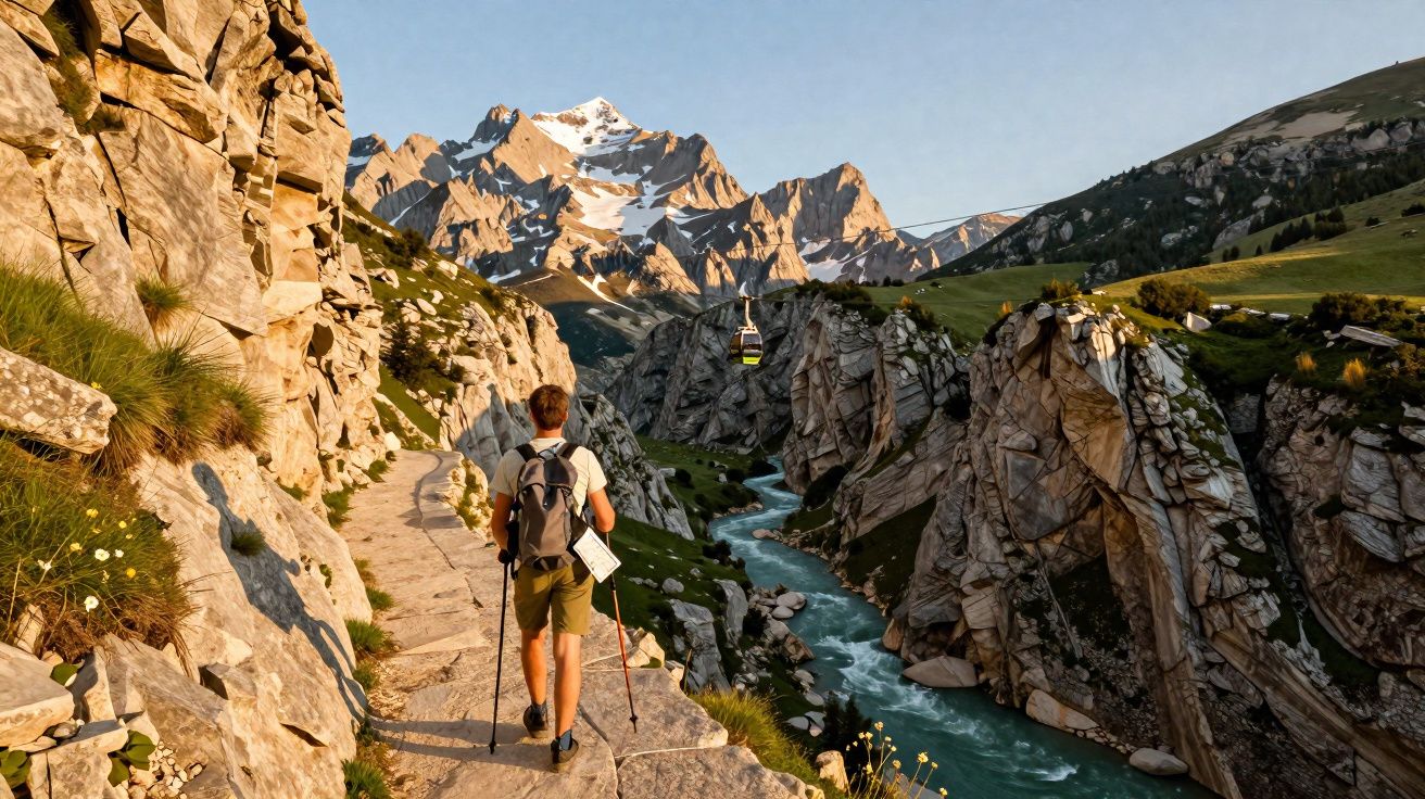Homem com mochilas e bastões caminhando em trilha rochosa ao lado de rio em vale montanhoso com céu claro.