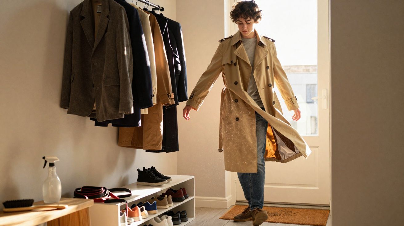 Pessoa usando trench coat bege dentro de corredor com roupas penduradas e sapatos organizados.