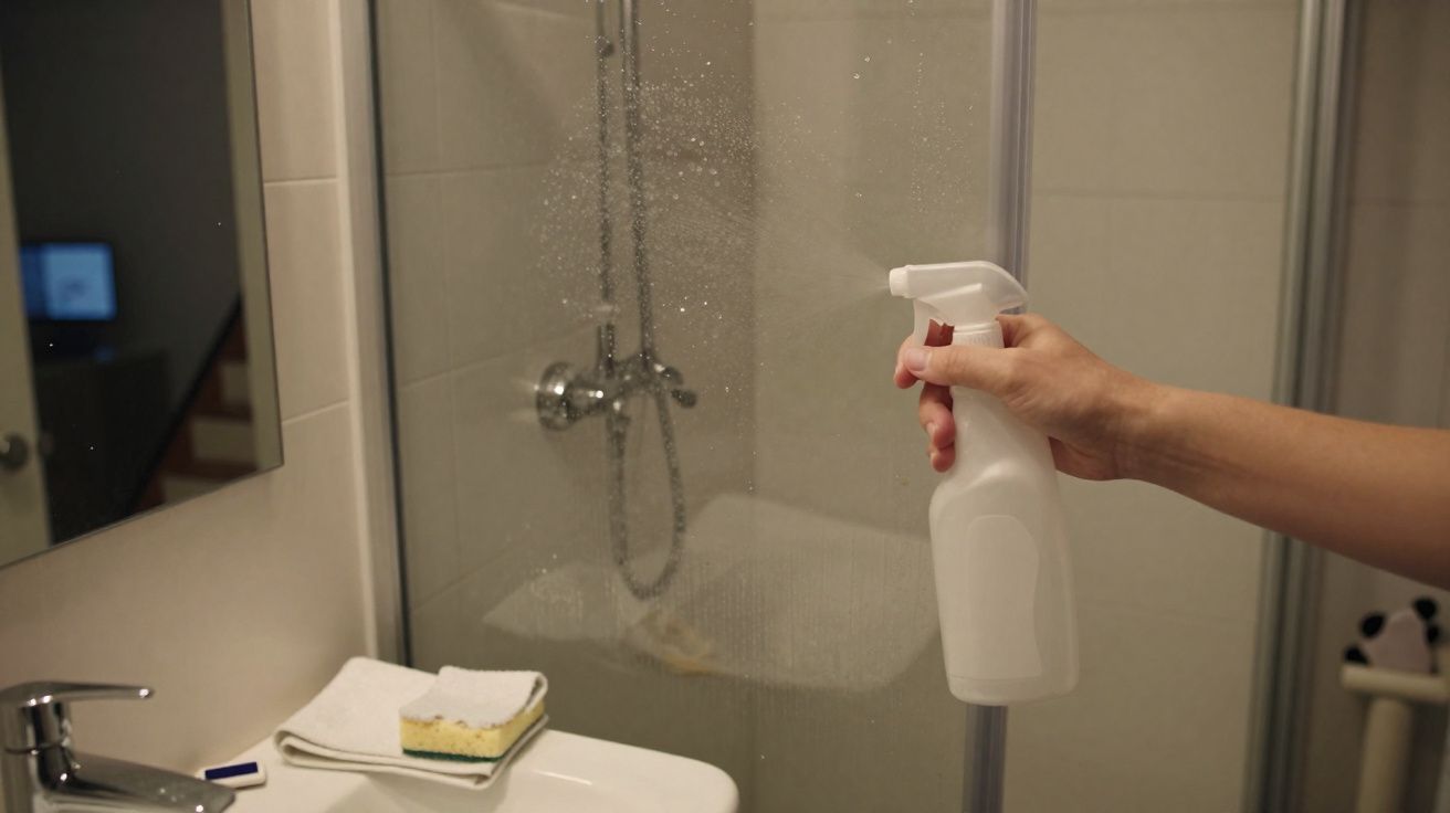 Pessoa borrifando produto de limpeza em porta de vidro de box em banheiro moderno.