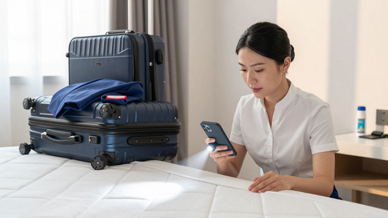 Mulher verificando colchão de quarto com celular, malas e roupas ao fundo sobre a cama.