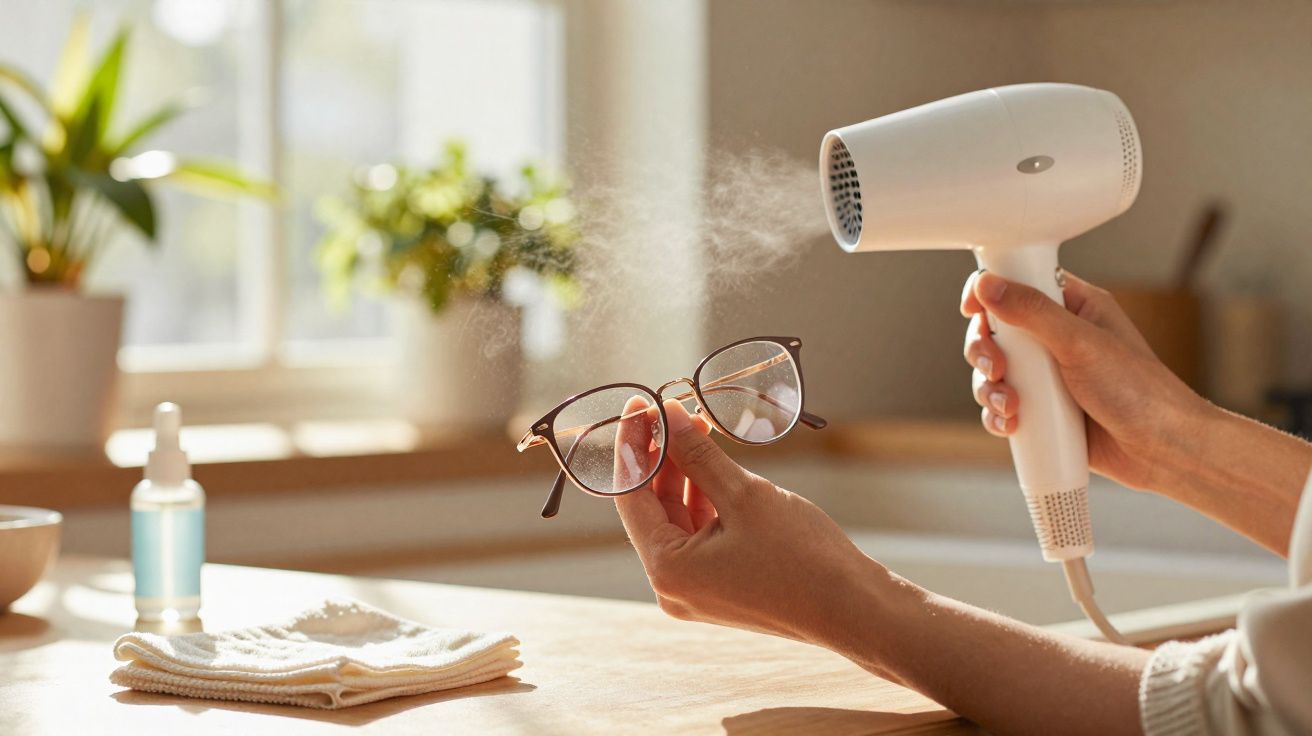 Pessoa limpando óculos com secador de cabelo em ambiente claro e com plantas ao fundo.