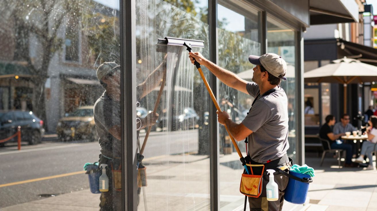 Homem limpando vitrine de loja com rodo em área urbana movimentada durante o dia.